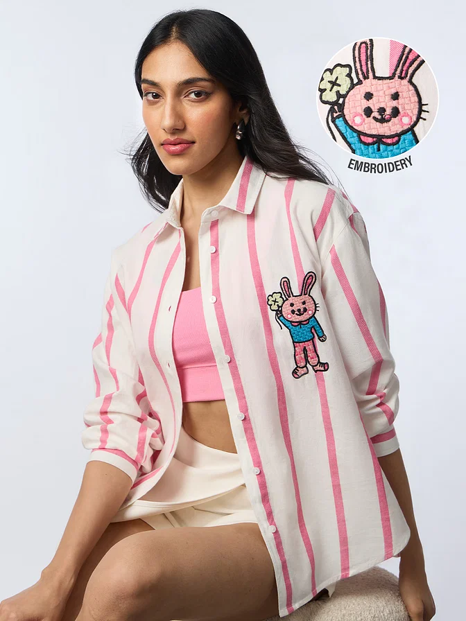 Pink Stripes: Clover Bunny Boyfriend Shirt